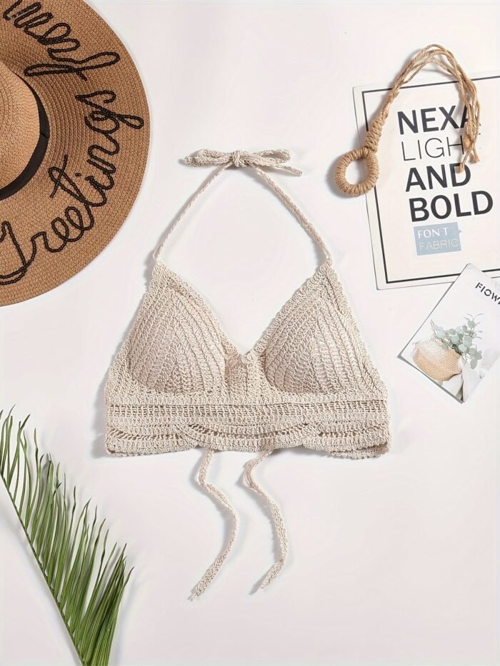 Bohemian Ethnic Cut-Out Swimsuit Top - Adjustable Lace-Up Halterneck With Geometric Embroidery, Backless Mini Vest & Suspender Straps, Non-Removable Chest Pads, Hand Wash Only Women'S Beachwear, Cute Bathing Suits, Adjustable Swimwear, Boho Chic Style, Handwashable Fabric - Image 5