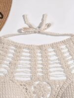 1Pc Boho Chic Hollow-Out Crochet Halter Neck Tankini Top For Women, Knitted Rayon/Viscose Fabric, Adult Beachwear With Built-In Padding, Solid Color Design, Stretchable, 130G/M? Lightweight - Image 6
