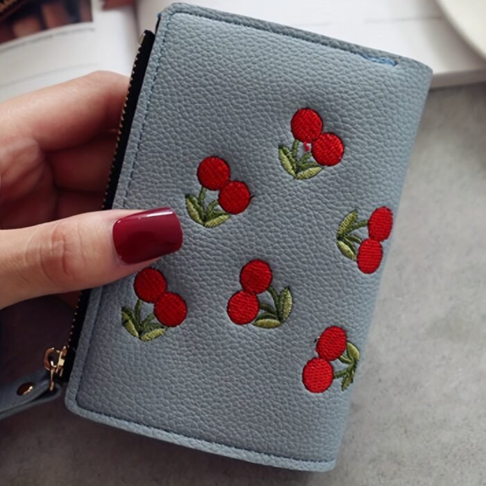 1Pc Women'S Cherry Embroidery Wallet, Casual Slim Zipper Closure With Polyester Lining And Zip Pocket, Small Leather Wallet Zipper - Image 5