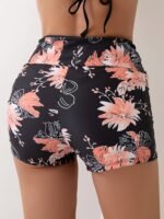 Floral Print Drawstring Waistband Trunks Bottoms, High Strech Black Stylish Swim Briefs, Women'S Swimwear & Clothing - Image 3