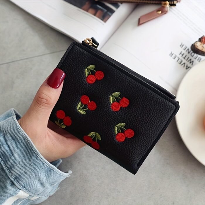 1Pc Women'S Cherry Embroidery Wallet, Casual Slim Zipper Closure With Polyester Lining And Zip Pocket, Small Leather Wallet Zipper - Image 10