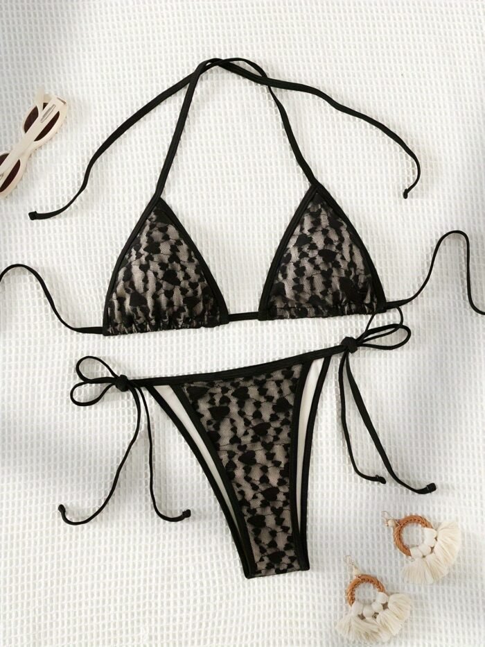 New Black Heart Lace Halter Neck Women'S Sexy Bikini Swimsuit Set - Image 1