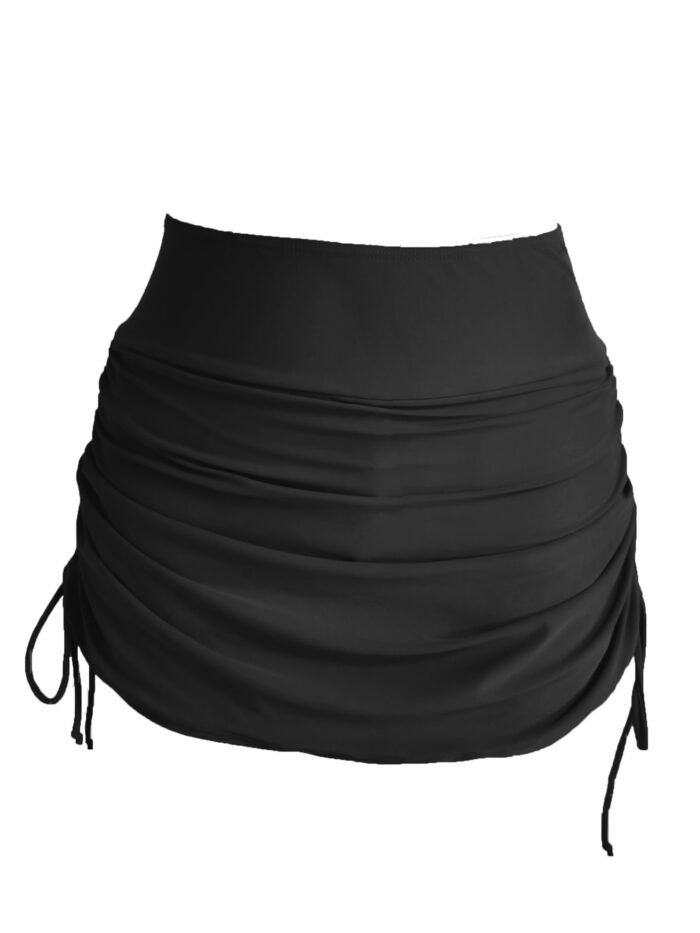 Drawstring Ruched Black Swim Skorts, Plain High Stretch Swimming Bottoms, Women'S Swimwear & Clothing - Image 8