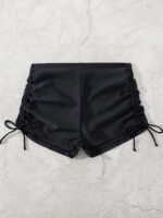Drawstring Side Plain Black Swim Bottoms, High Waisted Stretchy Comfy Swimming Boxer Shorts, Women'S Swimwear & Clothing - Image 2