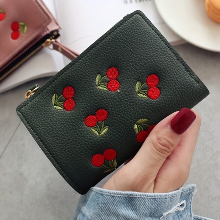 1Pc Women'S Cherry Embroidery Wallet, Casual Slim Zipper Closure With Polyester Lining And Zip Pocket, Small Leather Wallet Zipper - Image 7