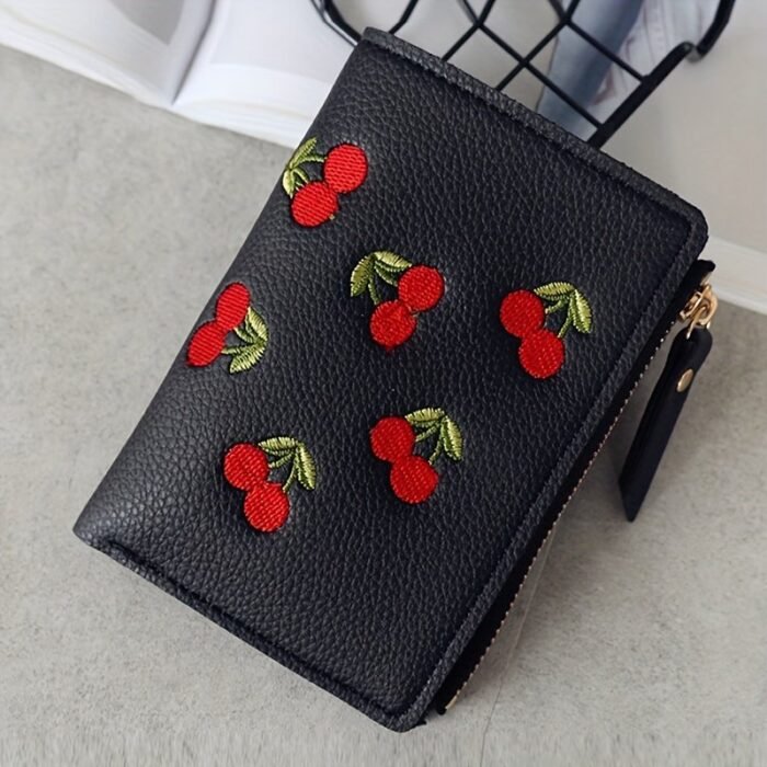 1Pc Women'S Cherry Embroidery Wallet, Casual Slim Zipper Closure With Polyester Lining And Zip Pocket, Small Leather Wallet Zipper - Image 4
