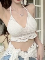 Bohemian Ethnic Cut-Out Swimsuit Top - Adjustable Lace-Up Halterneck With Geometric Embroidery, Backless Mini Vest & Suspender Straps, Non-Removable Chest Pads, Hand Wash Only Women'S Beachwear, Cute Bathing Suits, Adjustable Swimwear, Boho Chic Style, Handwashable Fabric - Image 2