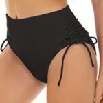 High-Waist Tummy Control Swim Bottoms With Side Drawstring - Slimming, Ruched Black Polyester/Elastane Blend, Essential For Swimming, Machine Washable, High Waisted Swimsuit