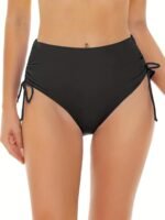 High-Waist Tummy Control Swim Bottoms With Side Drawstring - Slimming, Ruched Black Polyester/Elastane Blend, Essential For Swimming, Machine Washable, High Waisted Swimsuit - Image 2