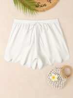High-Waist Fashion Beach Shorts For Women - Stretchy, Non-See-Through Polyester With Decorative Drawstring, Ruffled Hem, Perfect For Swim & Cover-Up, White