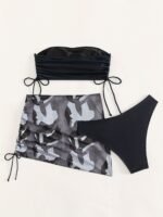 Black Solid Color Bikini Three-Piece Set With A Drawstring Sheer Skirt For Women - Image 2