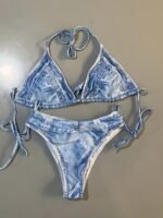 Faux Denim Print Triangle 2 Piece Set Bikini, Tie Strap Halter Backless Swimsuits, Women'S Swimwear & Clothing - Image 2