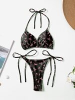 Floral Print V-Neck Bikini Set For Women, Polyester And Elastane Blend, High Stretch, Knit Fabric, With Bow Detail, For Sexy Lingerie Style Swimwear - Image 4