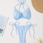 Floral Print V-Neck Bikini Set For Women, Polyester And Elastane Blend, High Stretch, Knit Fabric, With Bow Detail, For Sexy Lingerie Style Swimwear