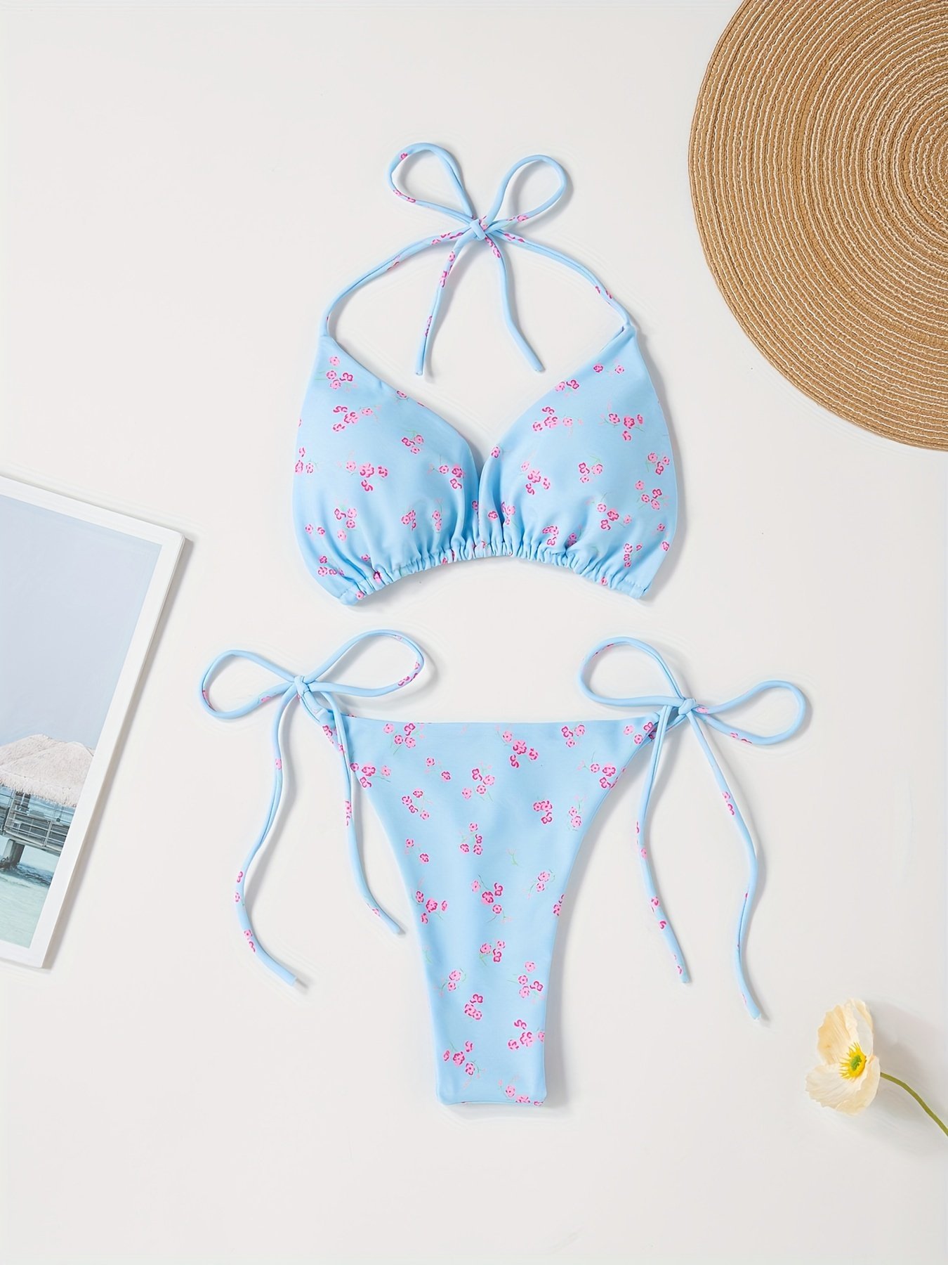 product-algo_check-auto-1b2ee66274572d3b0624c0baaf22c9d51727403331205.jpg Floral Print V-Neck Bikini Set For Women, Polyester And Elastane Blend, High Stretch, Knit Fabric, With Bow Detail, For Sexy Lingerie Style Swimwear - Image 1