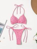 Floral Print V-Neck Bikini Set For Women, Polyester And Elastane Blend, High Stretch, Knit Fabric, With Bow Detail, For Sexy Lingerie Style Swimwear - Image 2