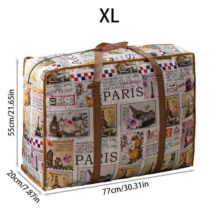1Pc Vintage Fabric Foldable Storage Bag, Dark Brown, With Strong Zipper And Handle, Space-Saving, Heart Leaf Brand, With Random Printing And Edge Paint, For Moving, Travel, Back To School - Image 9
