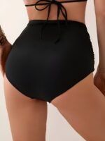 Elegant High-Waisted Swim Bottoms For Women - Polyester And Elastane Blend, Frill Detail, Solid Color, High Stretch, Knit Fabric Bikini Bottoms - Image 2