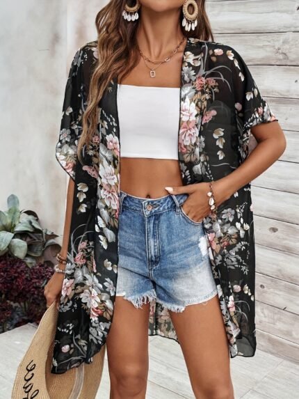 Elegant Floral Chiffon Kimono Cardigan - Lightweight, Sheer Black With Vibrant Floral Print, Short Sleeve, Open Front, Perfect For Beach, Spring/Summer Women?S Fashion, Summer Layering Piece | Soft Drape Fabric, Kimono Style Cardigan