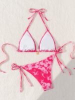 Easter-Themed Red & White Floral Print Bikini With Adjustable Lace-Up Straps - Stretchy V-Neck Swimsuit For Women, Perfect For Beach Or Poolside, Beachwear Essentials|Vneck Swimsuit|Stretchy Fabric - Image 6
