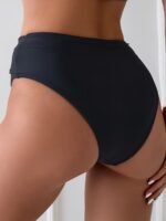 1Pc Women'S High-Waisted Bikini Bottoms With Metallic Accents, Solid Color, Knit Fabric, 80% Polyamide 20% Elastane, Stretchy Swimwear - Image 3