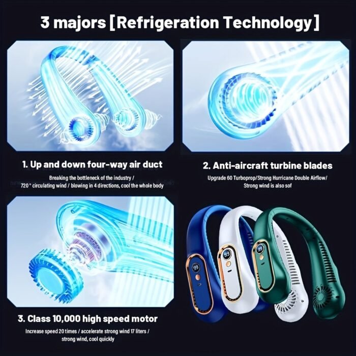 1Pc Portable Mini Neck Fan With Digital Display, Usb Rechargeable, 5-Speed Adjustable, Safe & Comfortable, Plastic, For Office, Sports & Outdoor Use, ?36V, Lithium Battery-18650 Series - Image 10