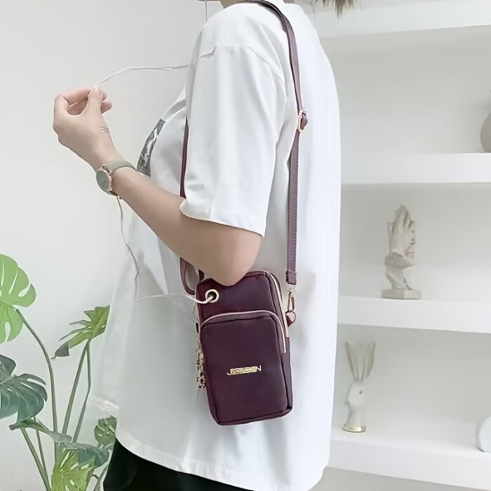 Random Zipper Pull Women'S Mini Crossbody Phone Bag - Lightweight Nylon, Adjustable Strap, Black, Vertical & Portable With Wrist Strap, Casual Summer Style, Casual Phone Bag | Minimalist Design | Lightweight Nylon, Small Crossbody Bag - Image 9