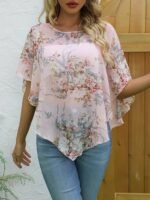 Floral Pattern Elegant Cover Up, Round Neck Semi-Sheer Beach Cover Up Top, Women'S Swimwear & Clothing - Image 6