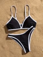 Contrast Trim 2 Piece Set Bikini, V Neck Stretchy High Cut Swimsuits, Women'S Swimwear & Clothing - Image 2
