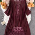 Elegant Plus-Size Coral Chiffon Kimono Cardigan With Lace Detailing - Sheer Half-Sleeve Beach Cover-Up, Machine Washable