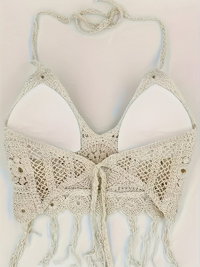 Bohemian Women'S Halter Embroidered Beach Top, Hollow Sexy Fringe Tie-Up Top, Summer Beachwear - Image 9