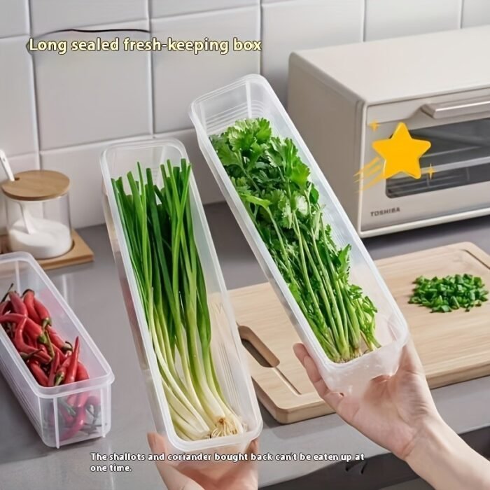 2/6Pcs Long Pp Plastic Vegetable Storage Containers - Durable Airtight Kitchen Organizer For Cilantro, Green Onions, Mint & More - Refrigerator Replacement Bins, Appliance-Friendly Food Savers - Image 6