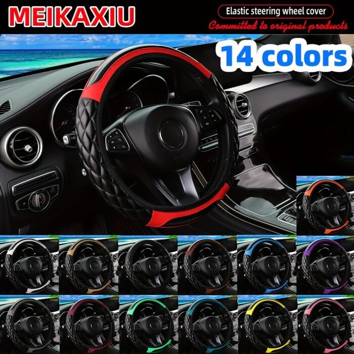 1Pc Crystal Carbon Fiber Faux Leather Three-Dimensional Square Embroidery New Car Without Inner Circle Steering Cover Suitable For 36.83-38.1Cm Car Interior Accessories Men And Women Universal Black Red Pink Blue Beige Gre - Image 1