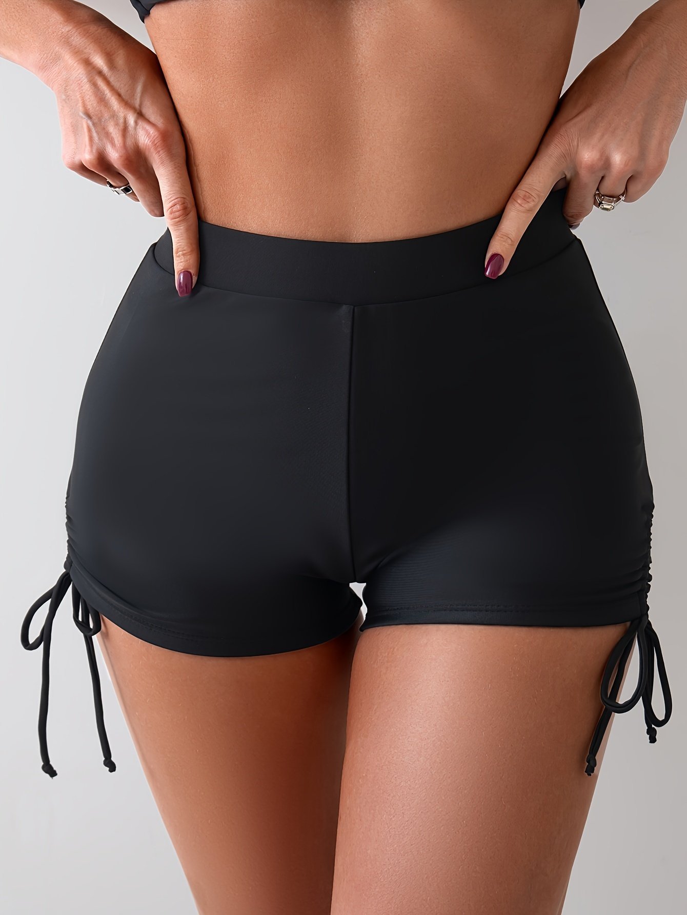 product-fancy-10d7c74a-cf55-493d-8932-6bb151650fa6.jpg High-Waist Ruched Women'S Swim Shorts - Sleek Black, Anti-Slip, Tummy Control With Faux Drawstring Detail, Stretchy Polyester/Elastane Blend, Machine Washable - Image 1