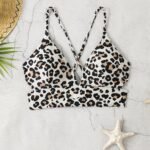 Chic Leopard Print Bikini Top For Women - High Stretch, Cross-Back Design, Machine Washable