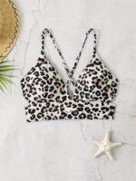 Chic Leopard Print Bikini Top For Women - High Stretch, Cross-Back Design, Machine Washable
