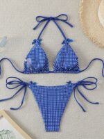Blue And White Plaid Bikini With Bow Decoration And Triangle Top Sexy Vacation Two-Piece Swimsuit - Image 2
