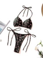 Floral Print V-Neck Bikini Set For Women, Polyester And Elastane Blend, High Stretch, Knit Fabric, With Bow Detail, For Sexy Lingerie Style Swimwear - Image 8