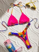 Large Flower European And American Fashion Foreign Trade Split Swimwear For Women Cartoon Printed Hanging Neck Fashion And Sexy Beach Swimsuit - Image 4
