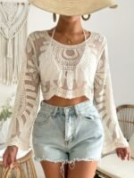 Beach Essential Sexy Lace Knit Swimsuit Cover-Up - Sheer Mesh Beachwear With Mandala Pattern, Long Sleeves, And Ripped Denim Shorts Design For Women, Perfect For Vacation And Casual Attire, Casual Beachwear | Lace Detailing | Stretchable Fabri - Image 3