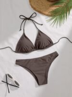 Classic Red Bikini Set With Lace-Up Detail - High Stretch Fabric, Solid Color Swimwear For Women, Sexy & Stylish Beach Or Poolside Attire - Image 2