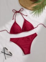 Classic Red Bikini Set With Lace-Up Detail - High Stretch Fabric, Solid Color Swimwear For Women, Sexy & Stylish Beach Or Poolside Attire - Image 4