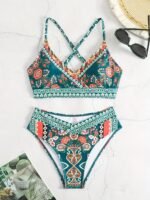 Bohemian Floral Print Cross Straps Bikini Set, 2-Piece Ethnic Style Beach Vacation Swimwear, High Cut Bathing Suit - Image 3
