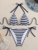 New Summer Blue And White Striped Print Sexy Tie Style Women'S Bikini Set