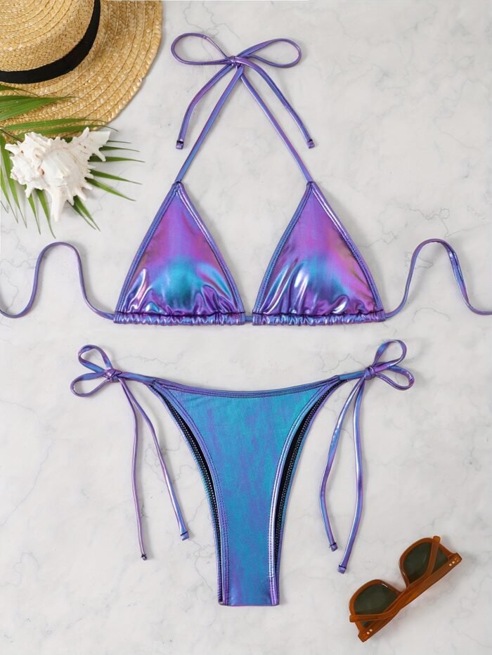 New Sexy Shiny Fabric Split Bikini Swimsuit For Women - Image 1