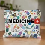 Medicine-Themed Cosmetic Travel Bag - Foldable Lightweight Zippered Makeup Organizer With Pill & Syringe Design, Durable Fabric For Women, Teachers - Beige Gift For Healthcare Professionals, Cosmetic Bag - Image 2
