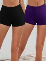 2Pcs Solid Color Casual Swim Shorts, Plain High Stretch Slimming Beach Bottoms, Women'S Swimwear & Clothing - Image 2