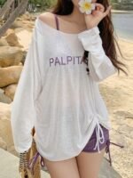 Casual Long-Sleeve Rash Guard Shirt With Drawstring, Belly Cover-Up, Breathable Polyester And Elastane Blend, Summer Beach Top, Spandex, - Image 3