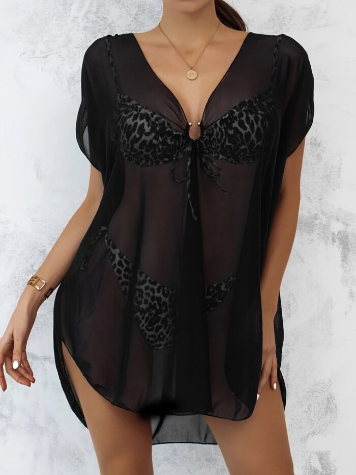 Solid Color V Neck Cover Up Dress Without Bikini, Semi-Sheer Mid-Stretch Beachwear Dress, Women'S Swimwear & Clothing - Image 1