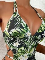 Floral Leaf Print Cut Out Waist Halter Backless Monokini One-Piece Swimsuit, Bathing Suits, Women'S Swimwear & Clothing - Image 5